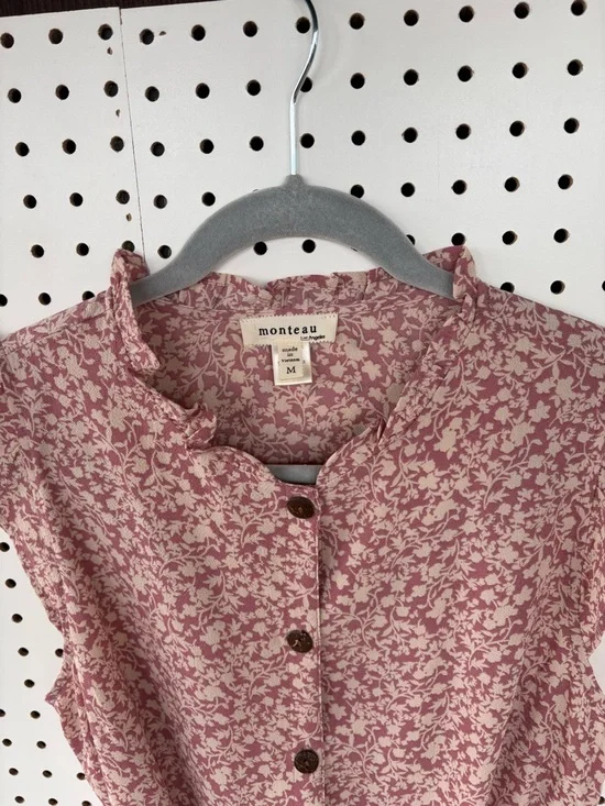 Monteau Dusty Rose Sleeveless Floral Button-Front Tie-Waist Dress Size M - Picture 3 of 4